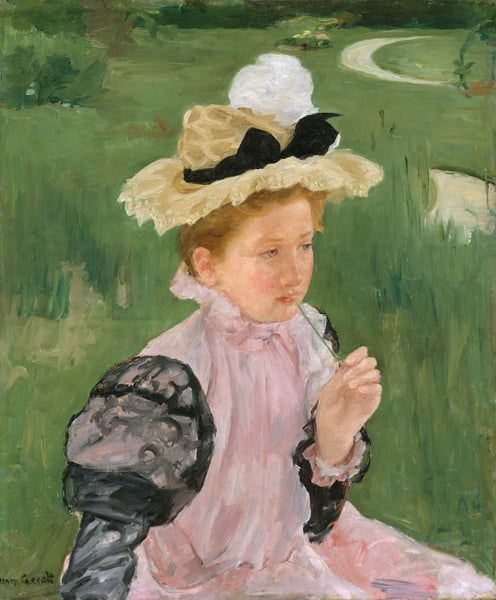 Portrait of a Young Girl, by Mary Cassatt, 1899, French impressionist painting, oil on canvas. This work adopts the compositional style of Japanese prints with its high vantage point, flattened space  (BSLOC_2017_3_140)